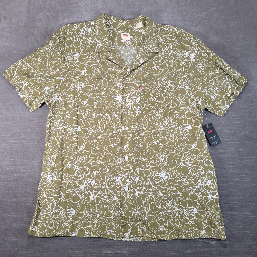 Levis Mens Classic Camper Relaxed Fit Short Sleeve Shirt Olive Floral L NEW